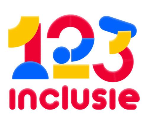 123 Inclusie logo 123 inclusie met speelse cijfers in het rood, blauw en geel