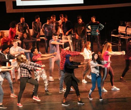 een diverse groep van een 25-tal jongeren danst synchroon op een podium