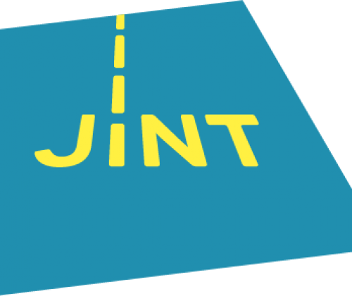 logo Jint- gele letters op blauwe achtergrond